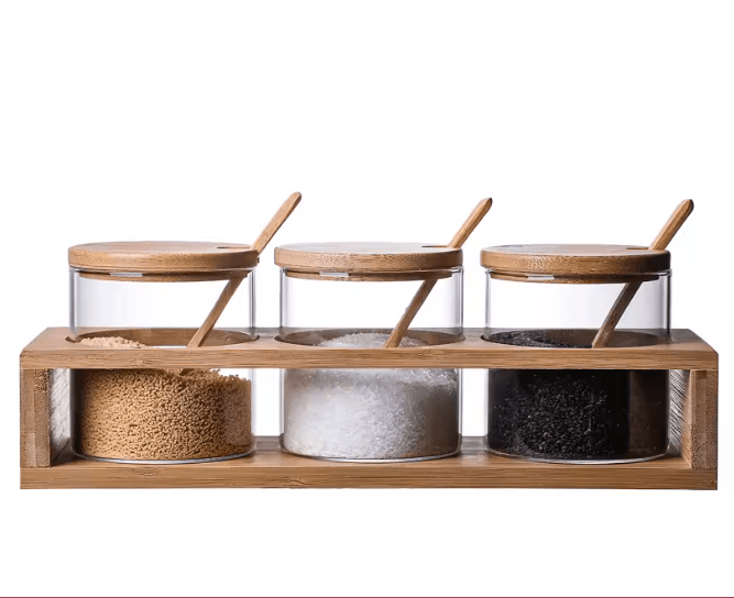 Set X3 Frascos Vidrio Tapa Madera Con Cuchara Y Base Cristal - Imagen 1